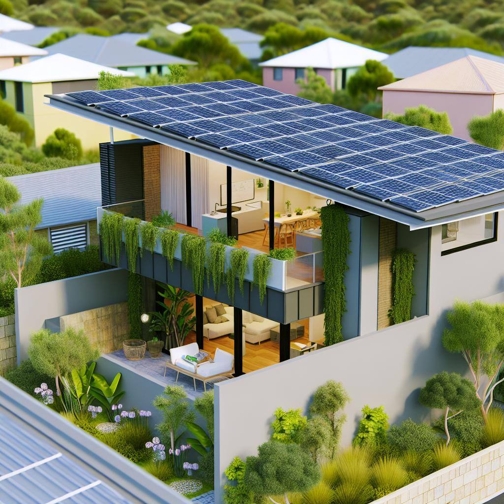 A modern, eco-friendly home with solar panels on the roof, a garden with native plants, and energy-efficient appliances.