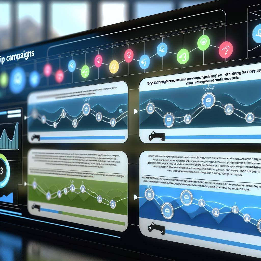 A sleek and modern email marketing dashboard displaying various drip campaign sequences, targeted towards real estate clients.