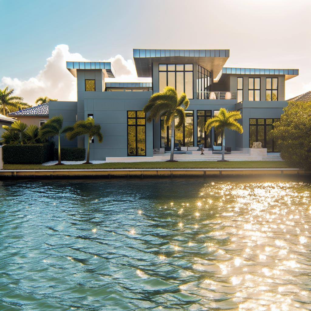 A stunning view of a luxurious waterfront home in Florida, with modern design and serene waters in the background.