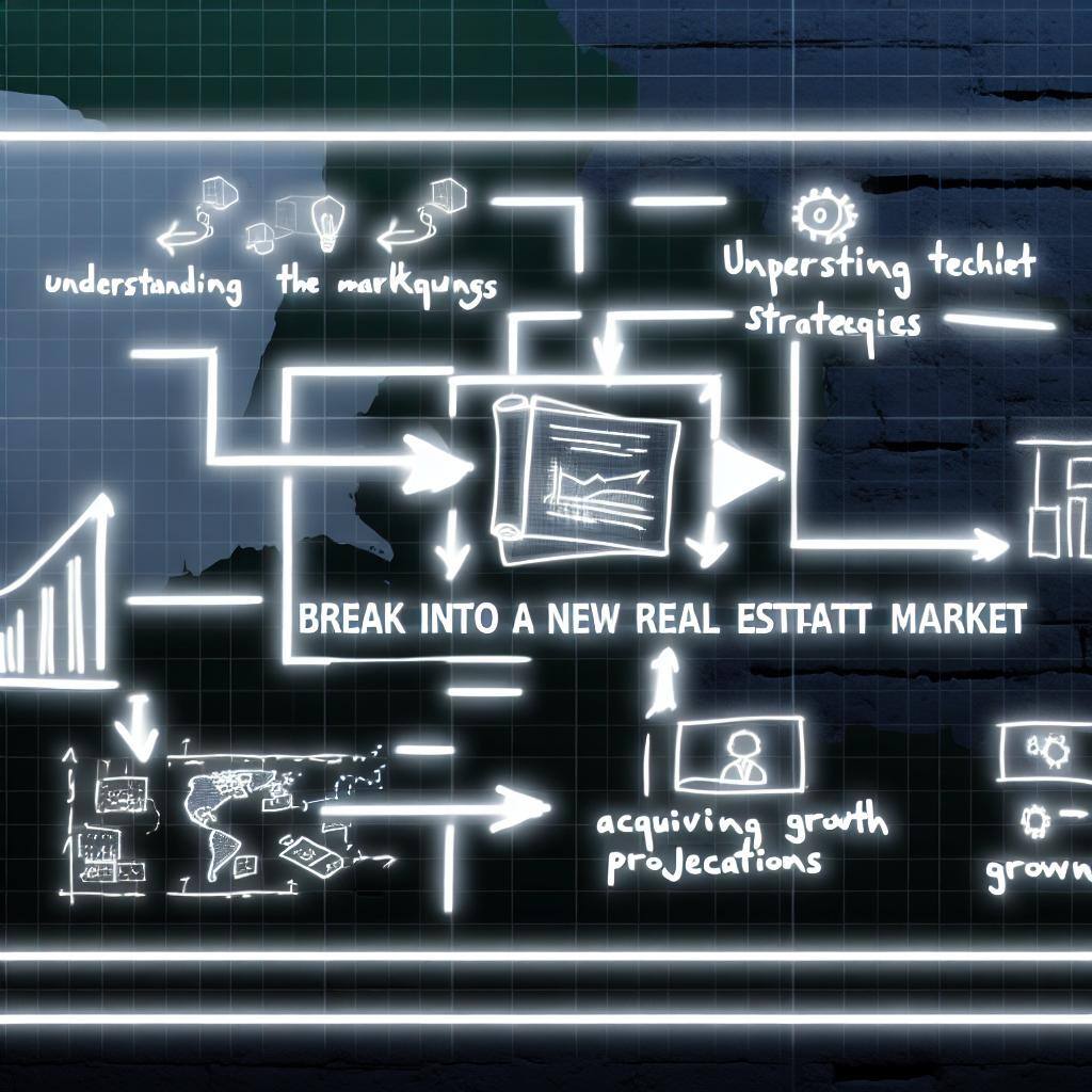 An image of a detailed blueprint with various strategies and steps for breaking into and thriving in new real estate markets.